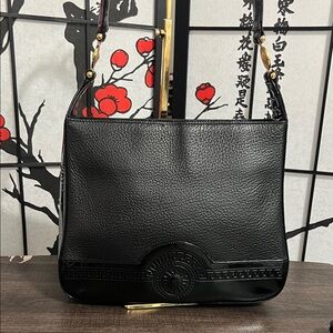 VERSACE Leather Handbag features a prominent Medusa logo medallion
